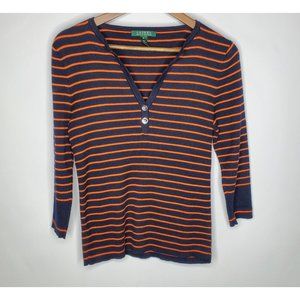 Ralph Lauren Womens Blue Striped Blouse Size M Ribbed V Neck 3/4 Sleeve Buttons